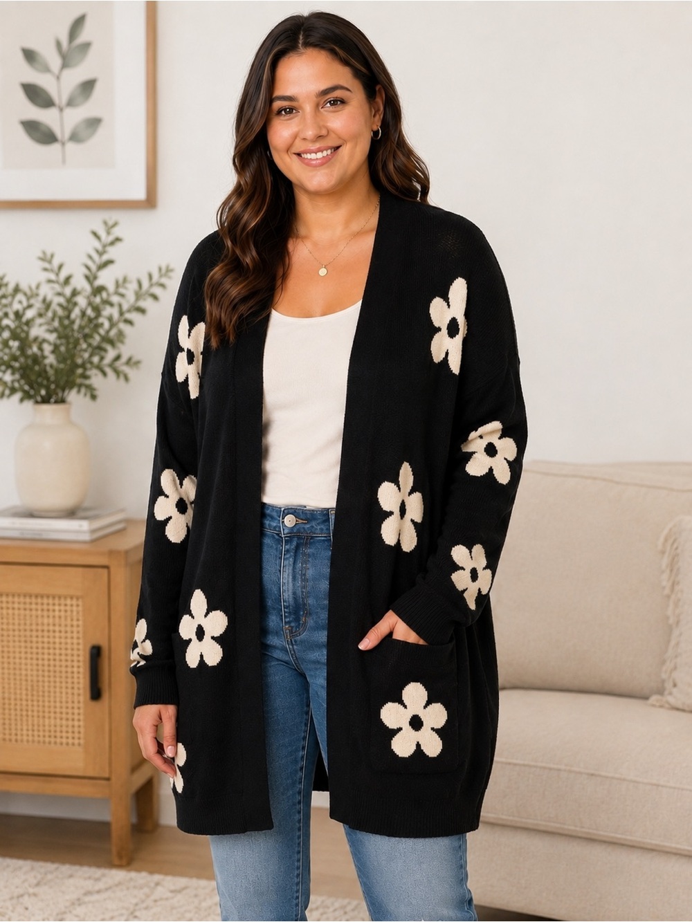 Liam & Company Women’s Black White Floral Open Front Cardigan Size XL